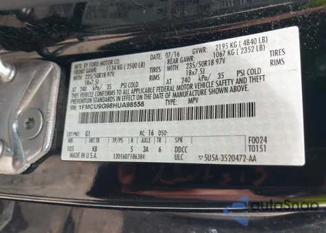 2017 Ford Escape Se из США, поврежденный, VIN 1FMCU9G98HUA98558